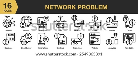 Network Problem icon set. Includes service, smartphone, network, computer, database, office, and More. Outline icons vector collection.