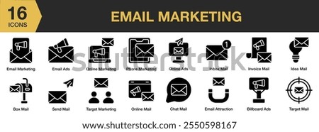 Email Marketing solid icon set. Includes ads, online, phone, inbox, box, target, send, chat, and More. Solid icons vector collection.