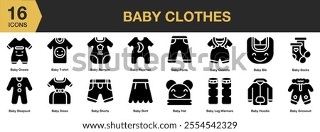 Baby Clothes solid icon set. Includes baby onesie, tshirt, pants, romper, pajamas, socks, and More. Solid icons vector collection.