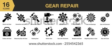 Gear Repair solid icon set. Includes wrench, bearings, drill, hammer, clock, toolbox, measuring, and More. Solid icons vector collection.