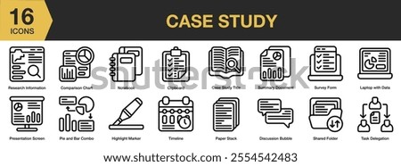 Case Study icon set. Includes notebook, clipboard, timeline, survey form, research information, and More. Outline icons vector collection.