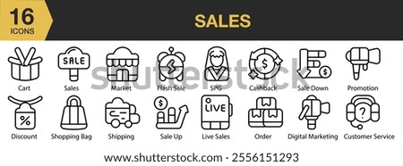 Sales icon set. Includes flash sale, SPG, sale down, cashback, order promotion, digital marketing, and More. Outline icons vector collection.