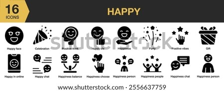 Happy solid icon set. Includes life, party, gift, person, balance, chat, positive vibes, and More. Solid icons vector collection.