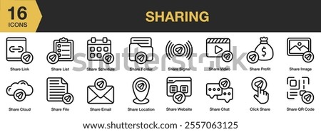 Sharing icon set. Includes share folder, signal, video, profit, image, chat, website, and More. Outline icons vector collection.