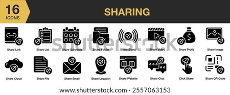 Sharing solid icon set. Includes share folder, signal, video, profit, image, chat, website, and More. Solid icons vector collection.