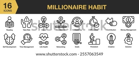 Millionaire Habit icon set. Includes consistency, contribution, money management, solution, creative, persistent, goals, and More. Outline icons vector collection.