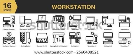 Workstation icon set. Includes keyboard and mouse, laptop, desk, setup, mini pc, docking station, and More. Outline icons vector collection.