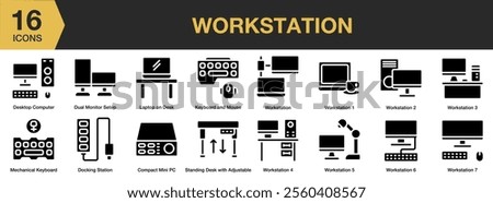 Workstation solid icon set. Includes keyboard and mouse, laptop, desk, setup, mini pc, docking station, and More. Solid icons vector collection.