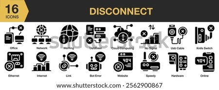 Disconnect solid icon set. Includes database, warning, usb cable, website, internet, and More. Solid icons vector collection.