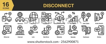 Disconnect icon set. Includes database, warning, usb cable, website, internet, and More. Outline icons vector collection.