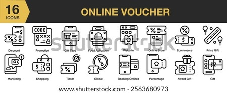 Online Voucher icon set. Includes website, promotion, discount, ecommerce, gift, and More. Outline icons vector collection.