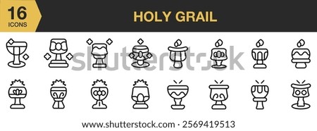 Holy Grail icon set. Includes Holy, Grail, Religion, Praying, Church, Bell, Bible, and More. Outline icons vector collection.