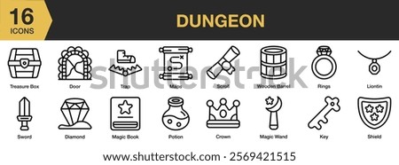 Dungeon icon set. Includes dungeon, game, fantasy, ancient, old, adventure, and More. Outline icons vector collection.