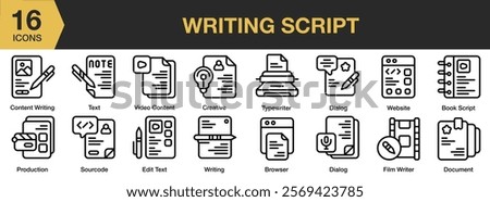 Writing Script icon set. Includes script, text, write, paper, video, story, cinema, and More. Outline icons vector collection.