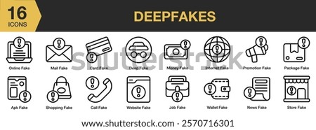 Deep Fakes icon set. Includes technology, fraud, deepfake, fake, recognition, and More. Outline icons vector collection.