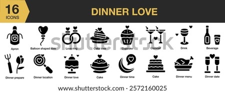 Dating Love solid icon set. Includes dating, romance, relationship, love, couple, and More. Solid icons vector collection.