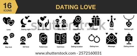 Dating Love solid icon set. Includes dating, romance, relationship, love, couple, and More. Solid icons vector collection.