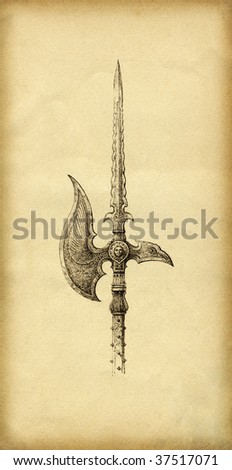 Fantasy halberd in the medieval style. Ink on paper.