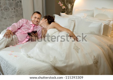 newly married couple  in hotel room,  romance wedding night