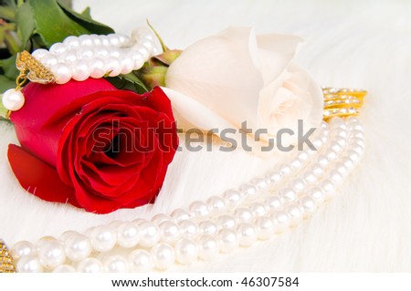 beautiful red rose and pearl necklace , lay on white to fur