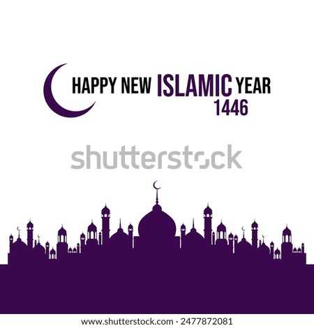 Happy New Islamic Year 1446 gift card and social media post design template. Editable EPS file with a mosque and Moon.