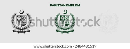 Pakistan Emblem Vector Pack. Emblem with Flag. Gray Emblem Silhouette. Gray Outline Emblem. Editable EPS file.