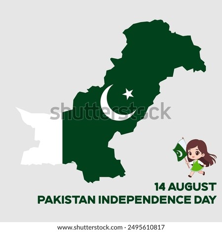 Pakistan Independence Day. 14th August. Social Media post and gift card design template with Pakistan Map and a cartoon girl child. Editable EPS file.