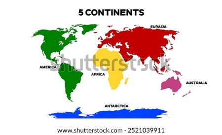 World Map Divided into 5 Continents. International World Map with continents represented with different colors. Editable EPS file.