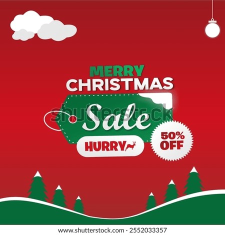 Merry Christmas Sale Design Template. Happy Christmas Sale Discount Template. Save up to 50%. Editable EPS file with trees, snow, reindeer and clouds.