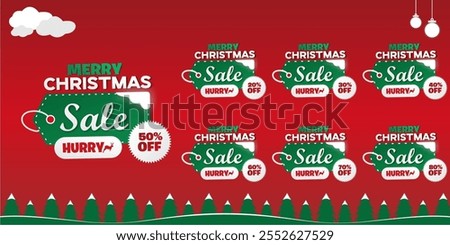 Merry Christmas Sale Design Template. Happy Christmas Sale Discount Template. Save up to 20%, 30%, 40%, 50%, 60%, 70% and 80%. Editable EPS file with trees, snow, reindeer and clouds.