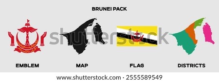 Brunei Graphics Pack. Brunei Flag. Brunei Map. Brunei Emblem. Editable EPS file with Map, Emblem, Flag and Divisional Map.