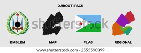 Djibouti Graphics Pack. Djibouti Flag. Djibouti Map. Djibouti Emblem. Editable EPS file with Map, Emblem, Flag and Divisional Map.