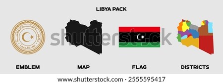 Libya Graphics Pack. Libya Flag. Libya Map. Libya Emblem. Editable EPS file with Map, Emblem, Flag and Divisional Map.