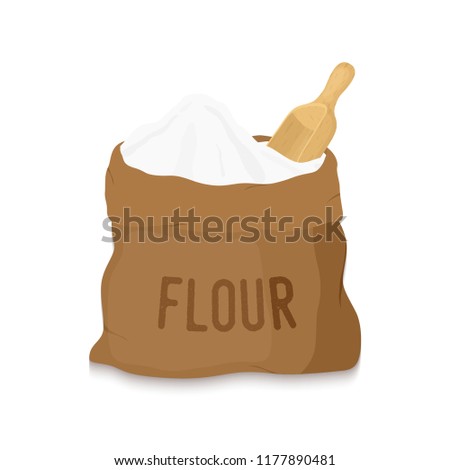 Vector canvas bag with white flour with wooden scoop, shovel. Organic product from golden ear, cereal rye, melted grains. Healthy nutrition for bakery, pastry.