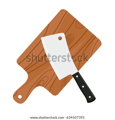 Cleaver, butcher's sharp knife for chopping meat with cutting board. Made in cartoon flat style.