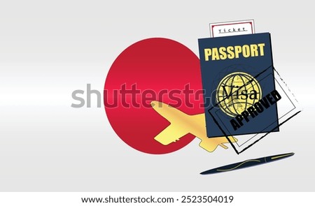 Japanese Travel Documentation Concept with blue Passport and Japan Flag. Approved Stamp. Airplane and Traveling Tickets. Ideal for Immigration Tourism and Traveling Themes. Vector EPS available