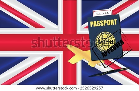 UK Travel Documentation Concept with blue Passport and United Kingdom Flag. Approved Stamp. Airplane and Travel Tickets. Ideal for Immigration Tourism and Traveling Themes. Vector EPS available