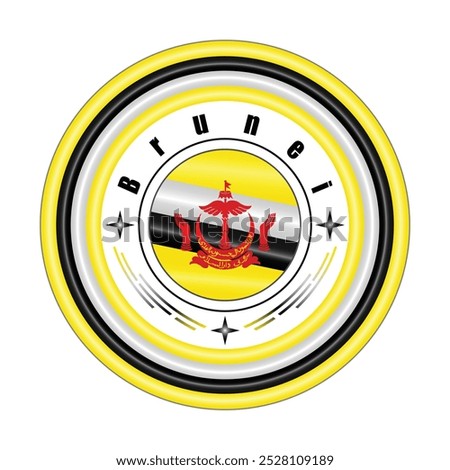 Brunei National Pride Badge Vector Art. Circular Emblem with Brunei Flag Colors Yellow White and Black. Symbolizing Bruneian National Identity. Editable Vector EPS Available