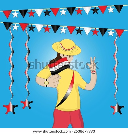 Woman Holding a Flag and Making Victory Sign During Vibrant Patriotic Yemeni Celebration with Yemen Flags Streamers and National Pride theme on blue background. Editable Vector EPS Available