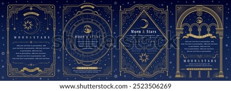 Moon and stars gold frame set, mystical astronomy design card