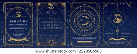 Moon and stars gold frame set, mystical astronomy design card