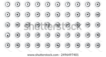 Numbers,1 to 50 black and white circle filled and cut icons