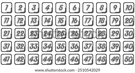 Numbers, 1 to 50 square corner black premium dates