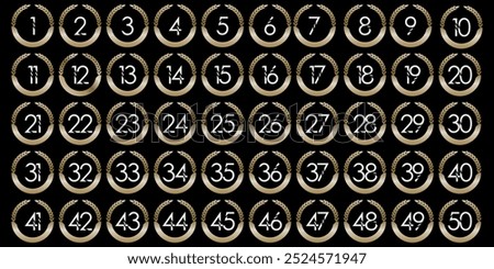 Numbers, 1 to 50 black light gold circular leaf premium logo icon