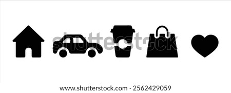 house, car, coffee, shopping bag, heart, Fill Icons. for web and app icon