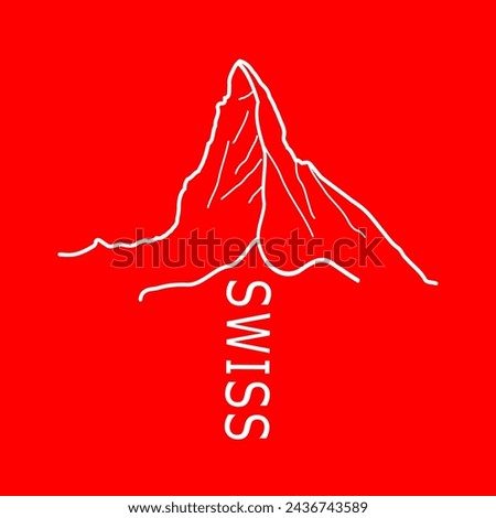 swiss matterhorn logo design vektor. red background and white lines. Logo shape of the original switzerland flag. modern accurate design of the matterhorn mountain. Text Swiss writen under mountain.