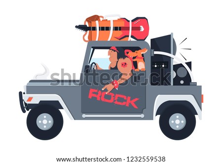 the driver and the dog are going to a rock concert,heavy music lover machine,rocker listening to music,Vector image, flat design, cartoon character