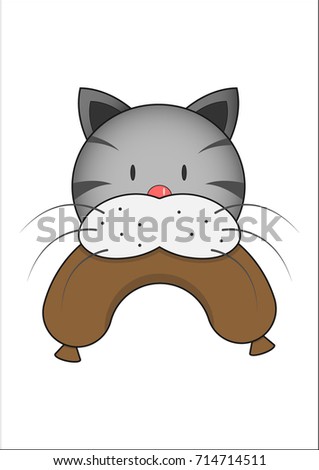 cat face with big sausage, animal with a piece of meat,striped cat bites the sausage, vector image