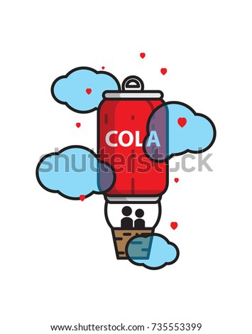 a guy and a girl are flying up, large tin can of cola, an effervescent drink, a valentine's day and a soda, love in heaven,Vector image, flat design
