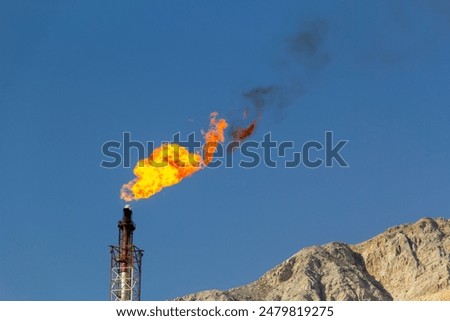 Image, Stock Photo Gas flaring at oil refinery in evening